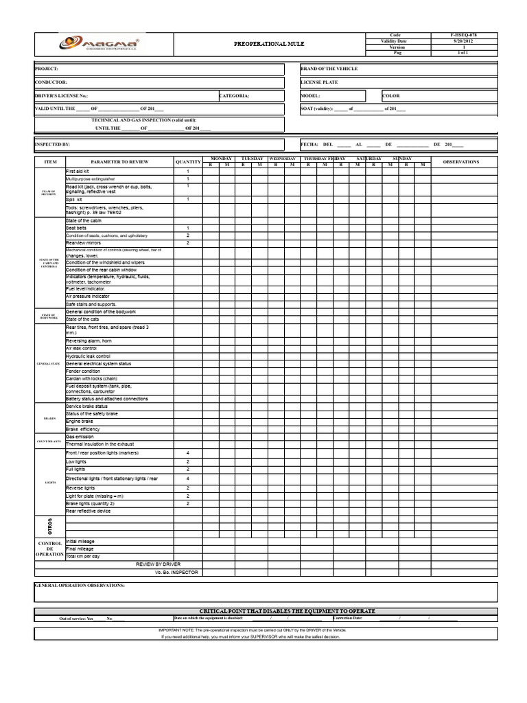 Preoperational Vehicle Inspection Checklist | PDF | Brake | Fuel ...