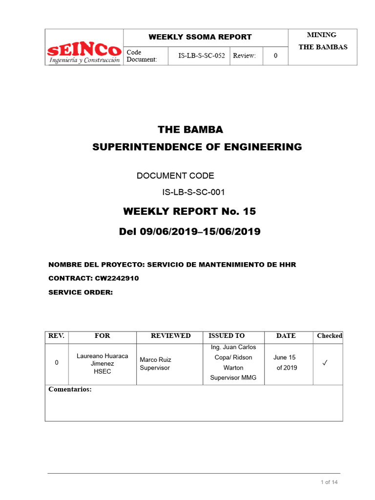 Weekly Report Ssomma No. 15 | PDF | Occupational Safety And Health | Mining