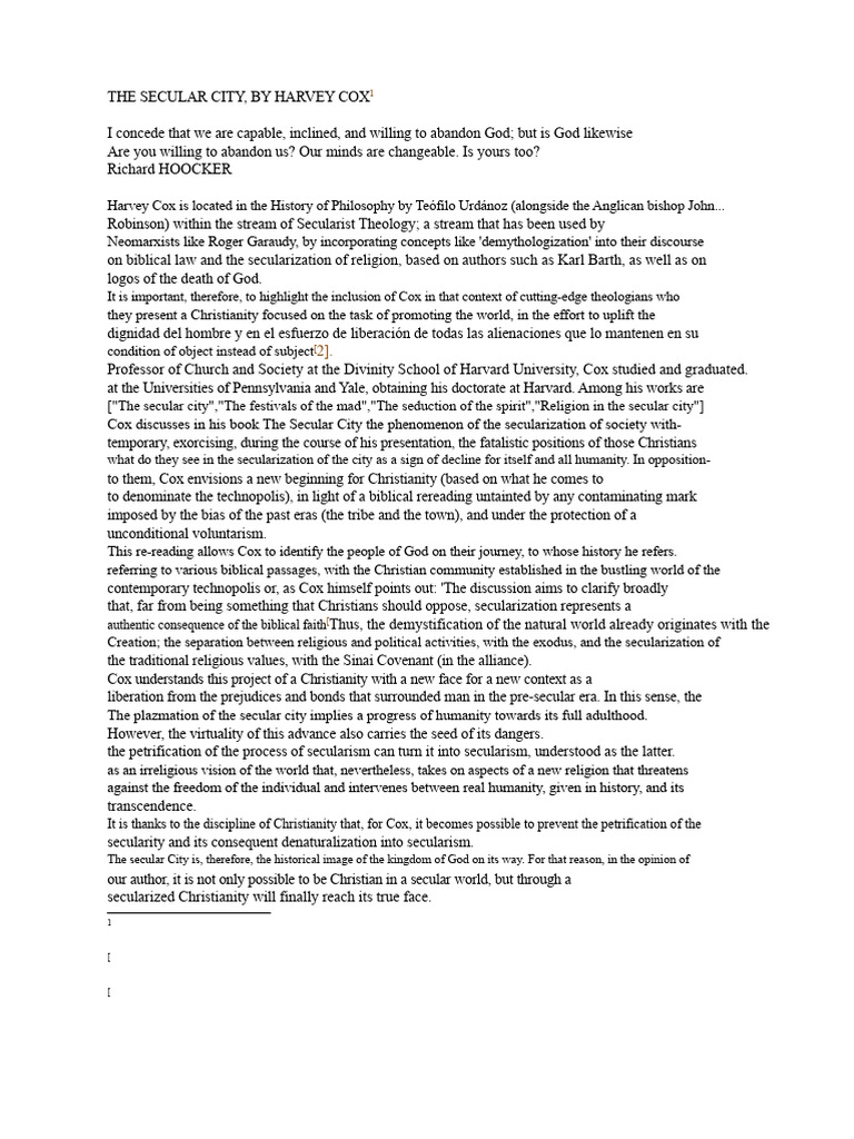The Secular City: Cox's Theology Insights | PDF | Theology | Religious ...