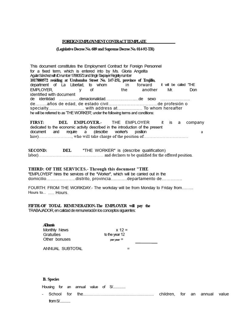 Foreign Employment Contract Model | PDF | Employment | Working Time