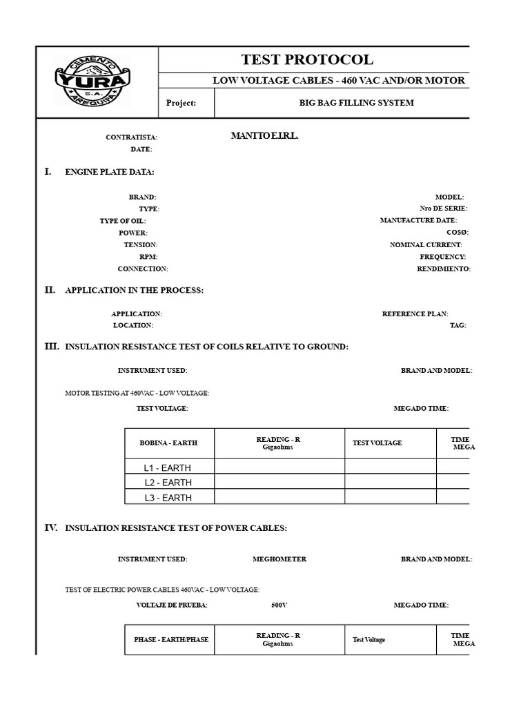 Low Voltage Cable Test Protocol 460VAC | PDF | Alternating Current ...