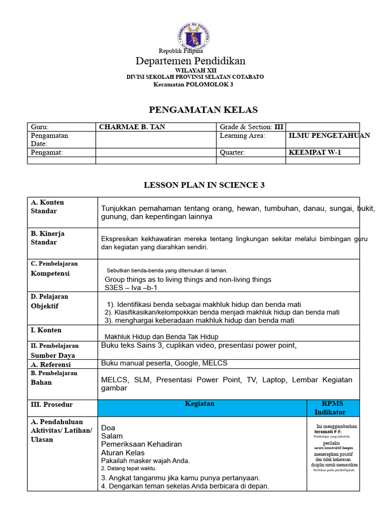 Rencana Pelajaran Ilmu Pengetahuan Kelas 3 | PDF