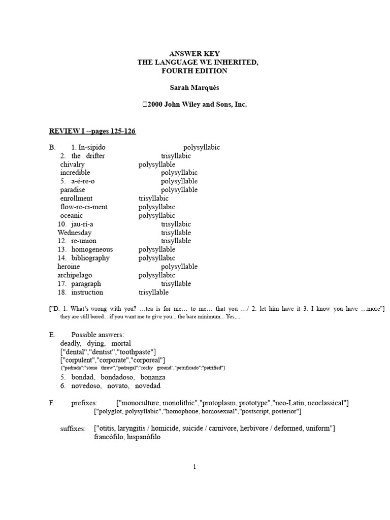 Language Review Answer Key | PDF | Syllable | Linguistics