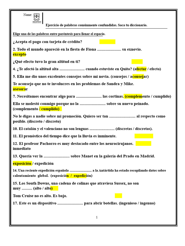 Ejercicio de Palabras Comúnmente Confundidas - Saca Tu Diccionario ...