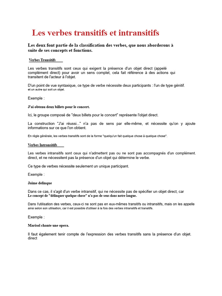Verbes Transitifs et Intransitifs expliqués | PDF