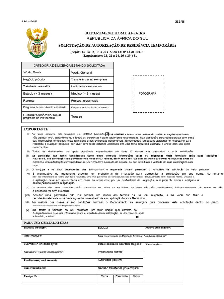 Formulário de Solicitação de Visto BI-1738 | PDF | Visto para viagem