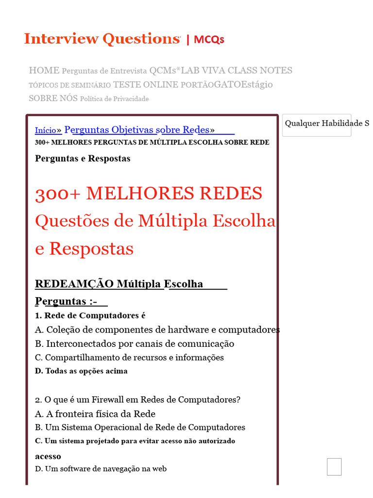 300+ Perguntas de Múltipla Escolha sobre Redes | PDF | Rede de ...