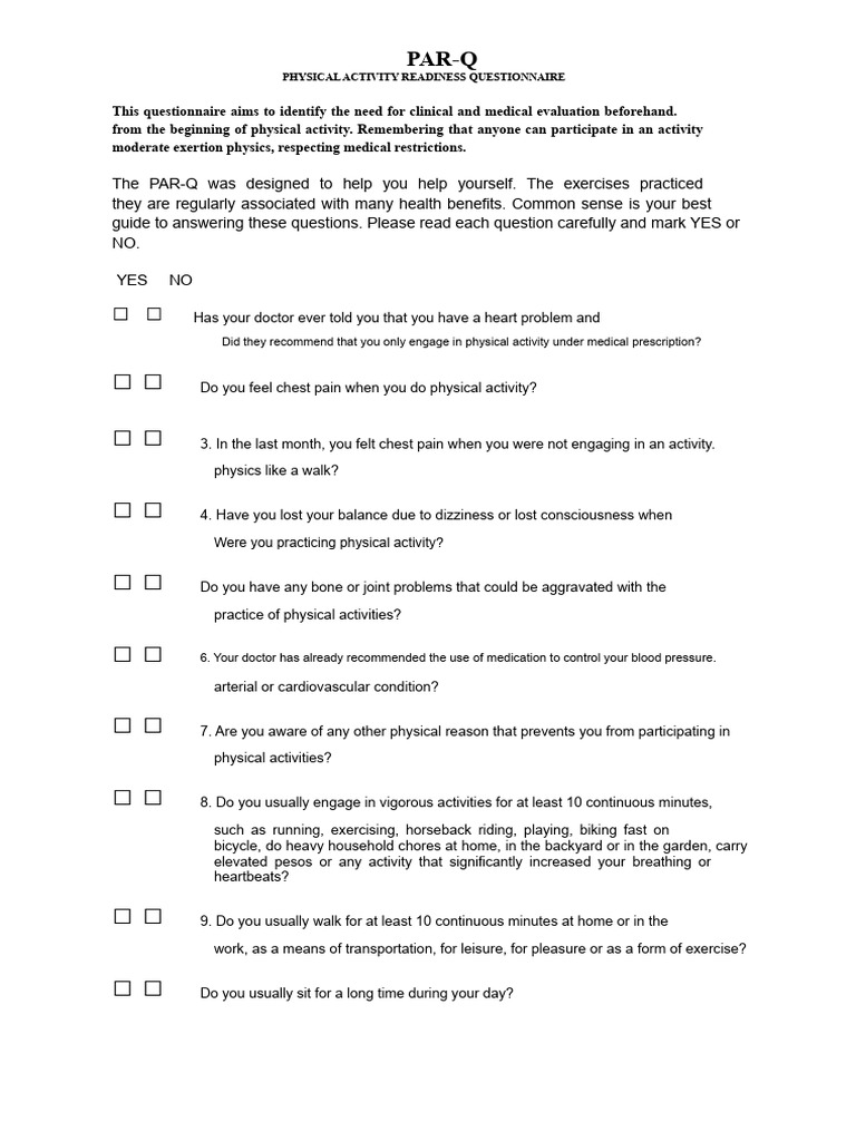 PAR-Q: Physical Activity Readiness Form | PDF | Cardiovascular Diseases ...