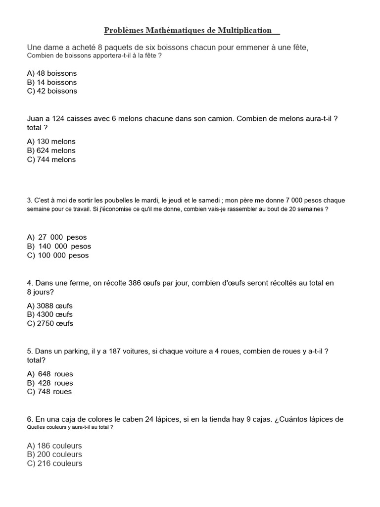 Problèmes de Multiplication et Calculs | PDF