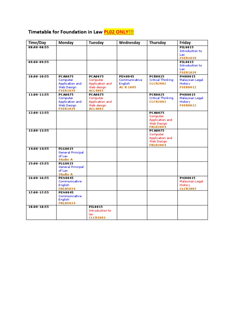 Timetable For Foundation in Law PL02 PDF