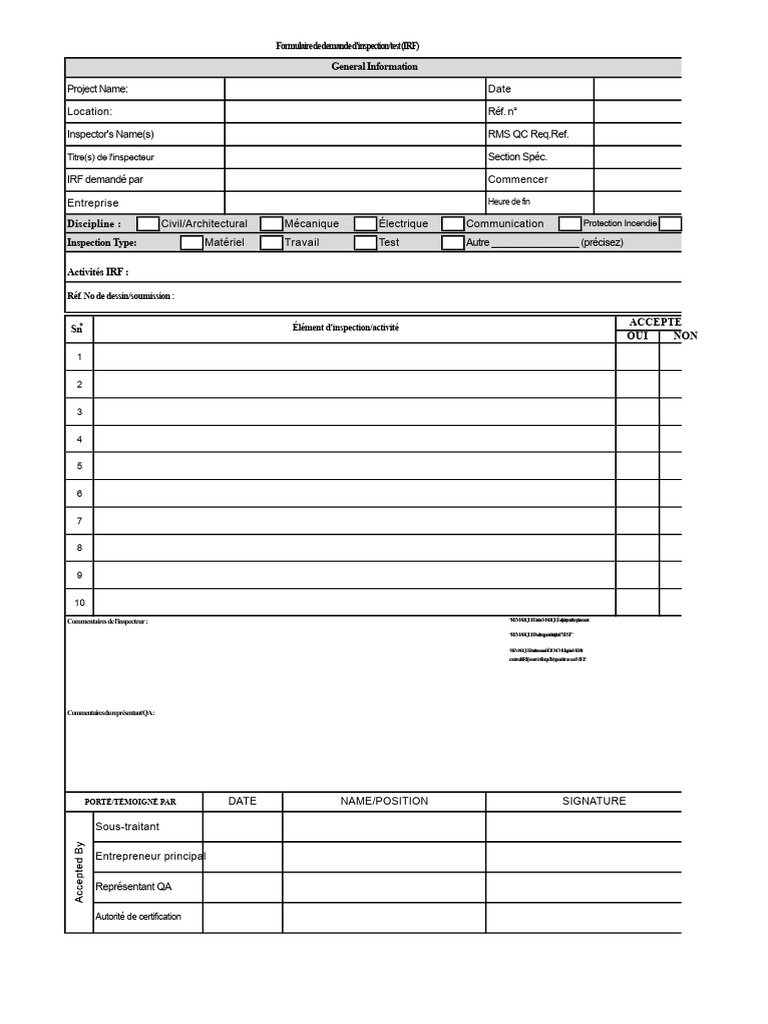 Formulaire d'Inspection IRF pour Projets | PDF