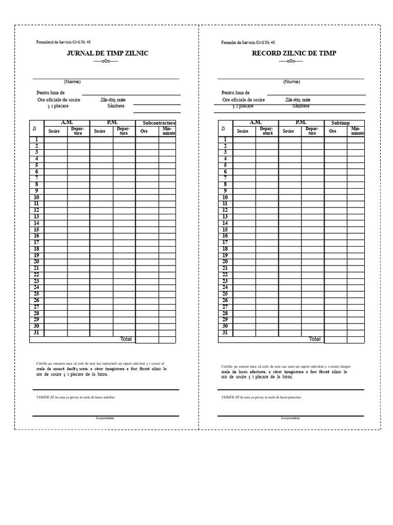CSC Form No 48 Înregistrare Timp Zilnic DTR | PDF