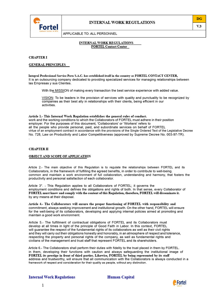 Fortel Contact Center Work Regulations | PDF | Overtime | Employment