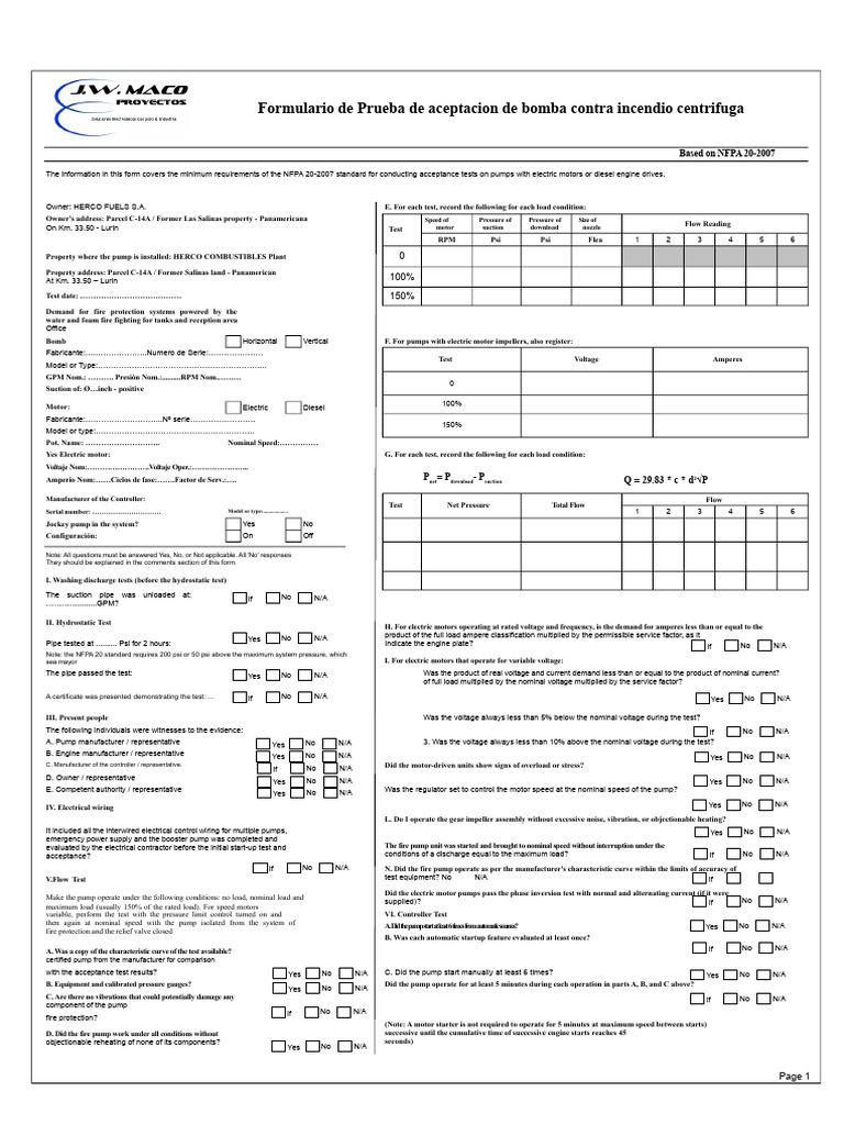 Fire Pump Acceptance Test Form NFPA 20 | PDF | Pump | Mechanical ...