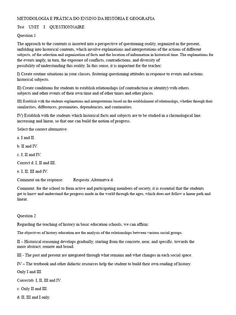 Questionnaire I - Methodology and Practice of Teaching History and ...