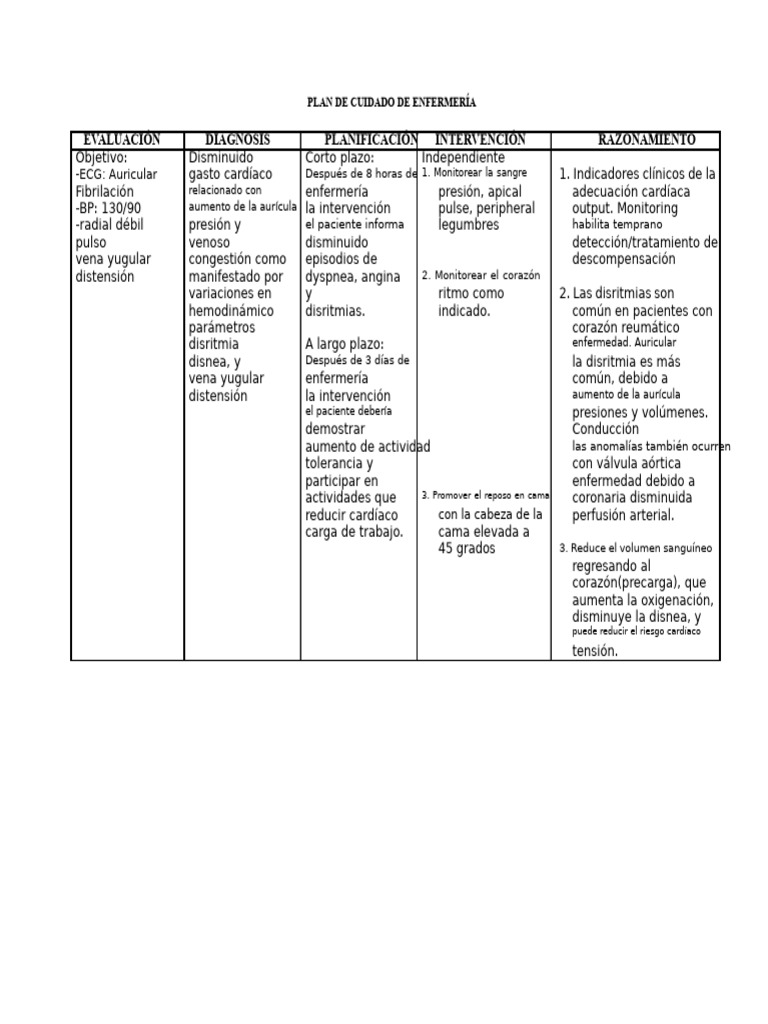 Plan de Cuidado de Enfermería | PDF | Corazón | Dolor