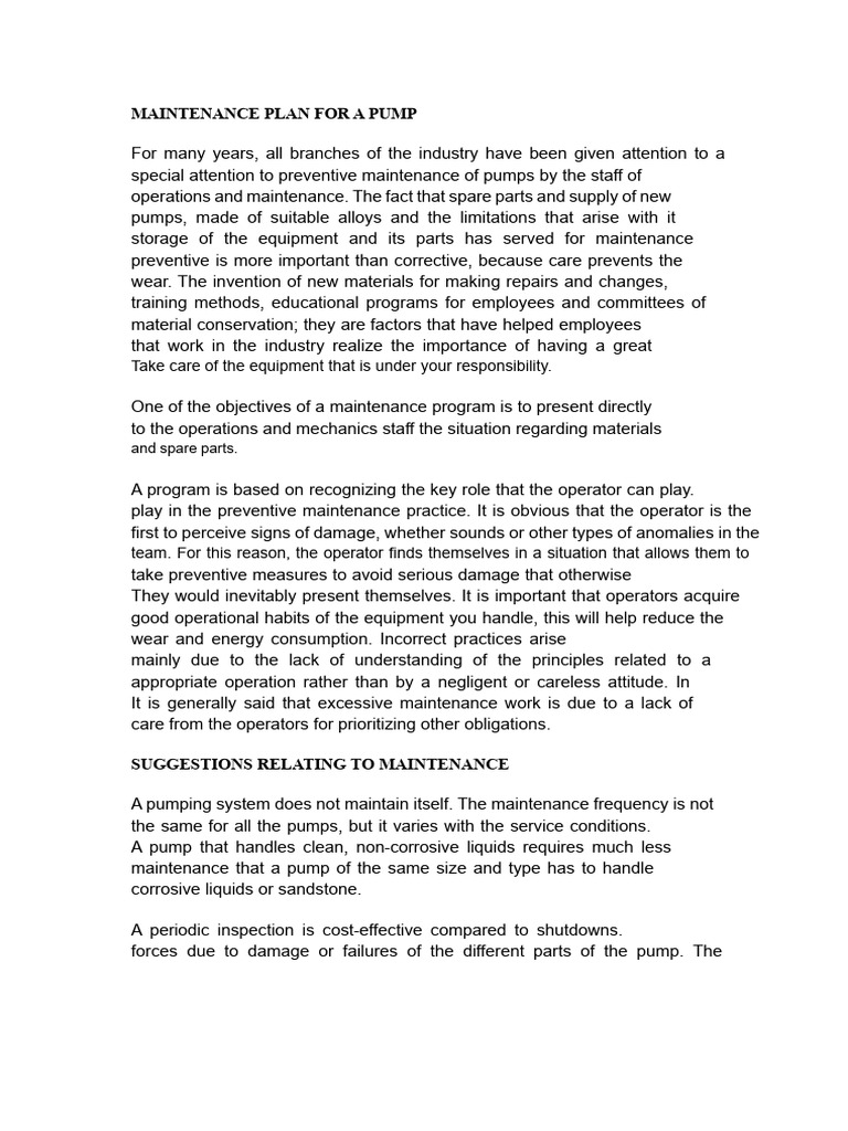 Maintenance Plan For A Pump | PDF | Pump | Mechanical Engineering