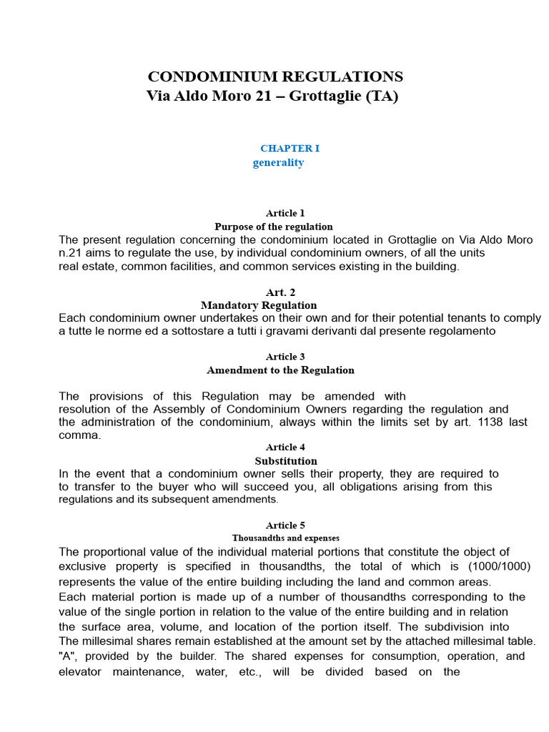 Grottaglie Condominium Regulations Guide | PDF | Condominium | Expense