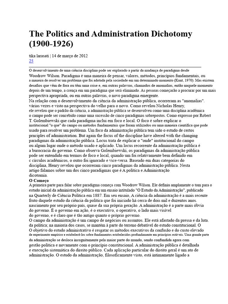Dicotomia Política e Administração (1900-1926) | PDF | Science | Paradigma