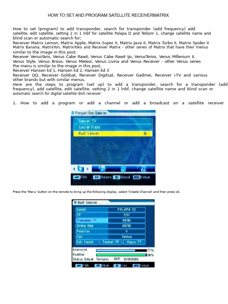 Satellite Receiver Setup Guide | PDF | Television | Electronics