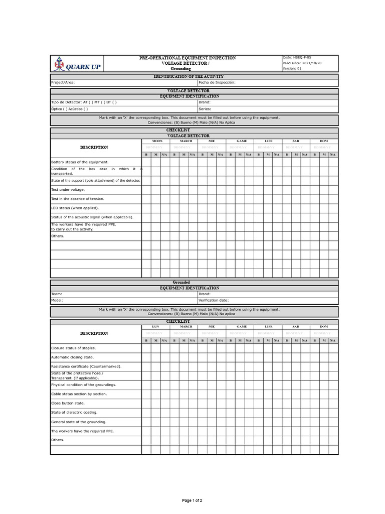 Pre-Operational Inspection Checklist for Voltage Detectors | PDF ...