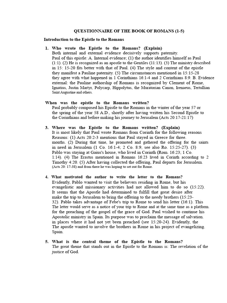 Romans Epistle Questionnaire Insights | PDF | Paul The Apostle ...