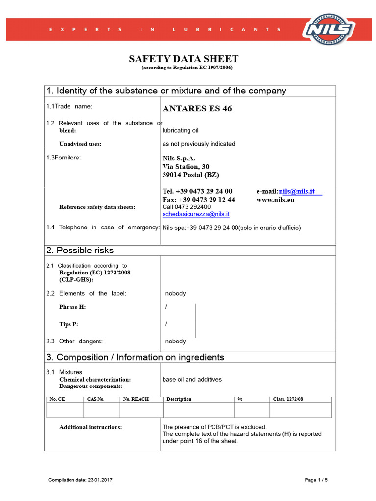 Antares ES 46 Safety Data Sheet | PDF | Water | Dangerous Goods