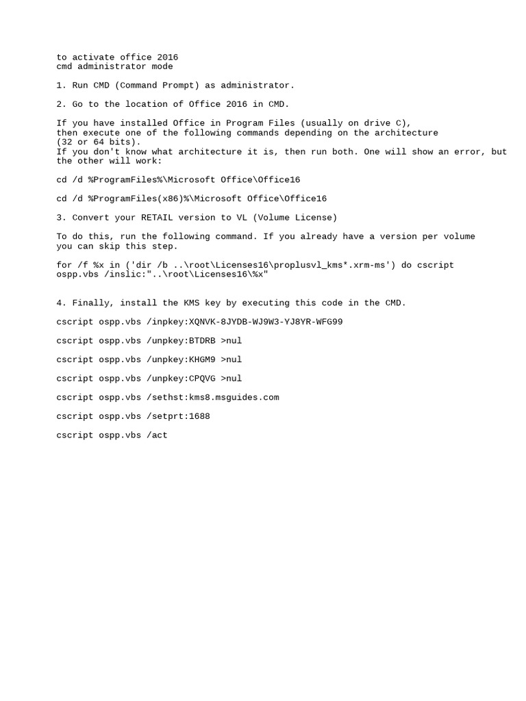 Steps To Activate Office 2016 Via CMD | PDF