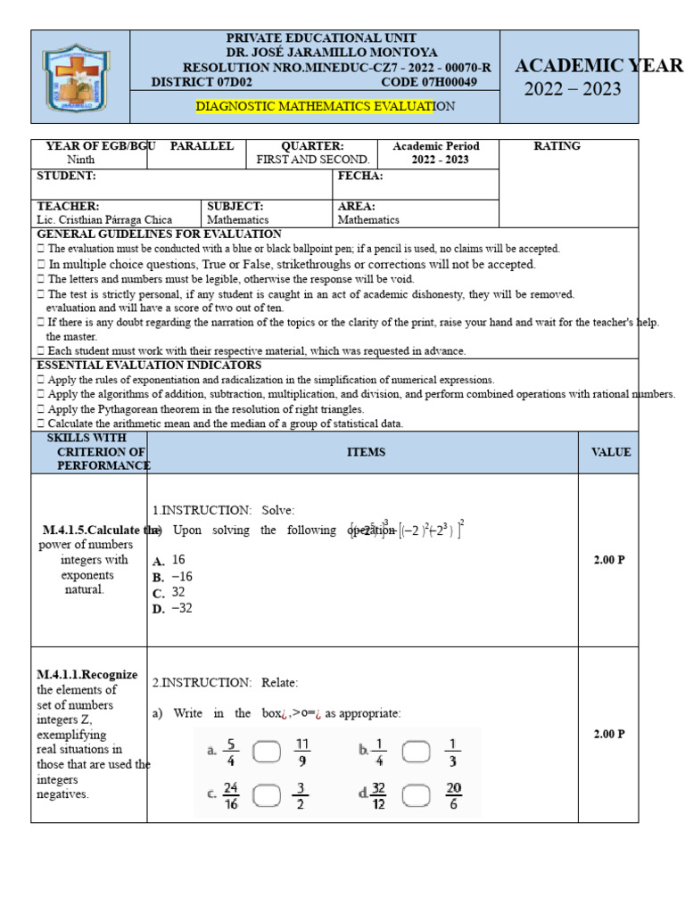 Ninth Grade Math Evaluation Guidelines | PDF | Arithmetic | Mathematics