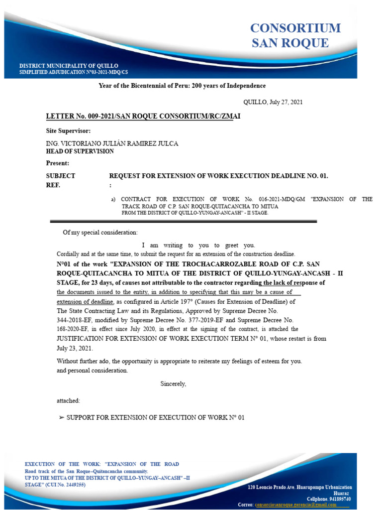 Letter #009 - Extension of Deadline For The Execution of Work #01 | PDF