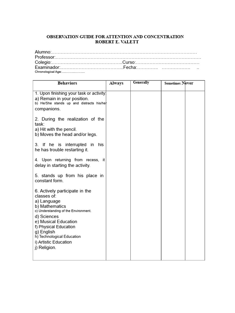 Observation Guideline For Attention and Concentration | PDF | Attention ...