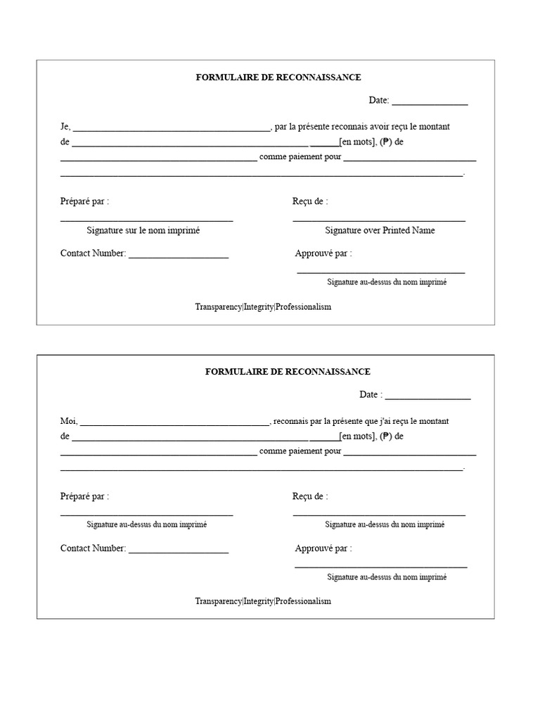 Formulaire de Reconnaissance de Paiement | PDF