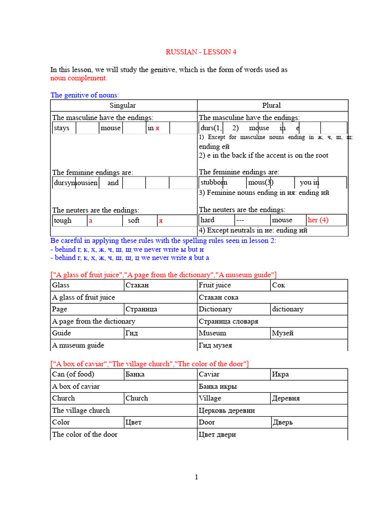 Russian Genitive Case Explained | PDF | Grammatical Gender | Plural