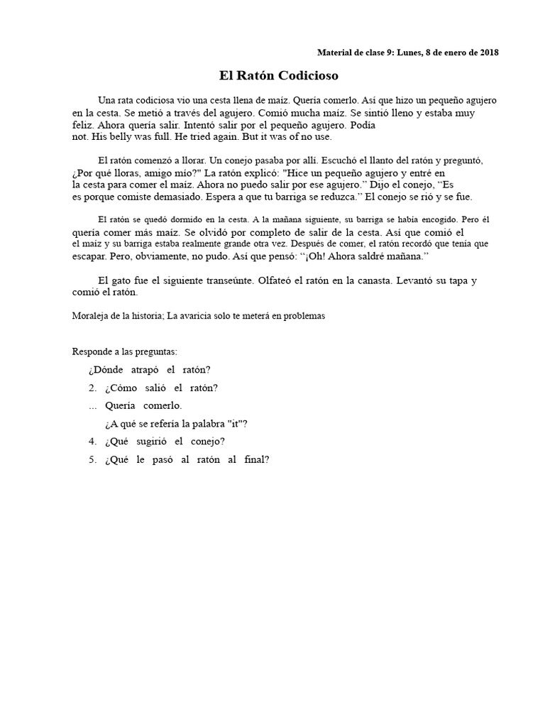 El Ratón Codicioso: Moraleja sobre Avaricia | PDF