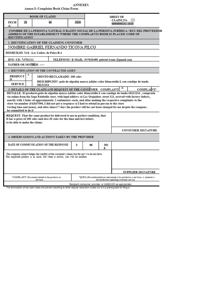 Consumer Complaint Form for Defective Product | PDF