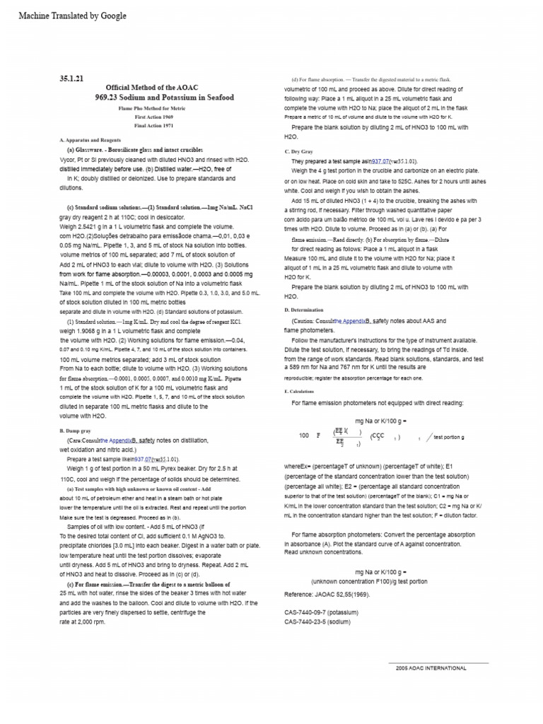 AOAC Method for Sodium and Potassium in Seafood | PDF | Sodium | Volume