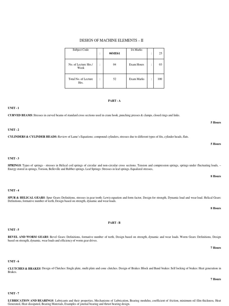 Machine Design Elements Course Outline | PDF | Gear | Strength Of Materials