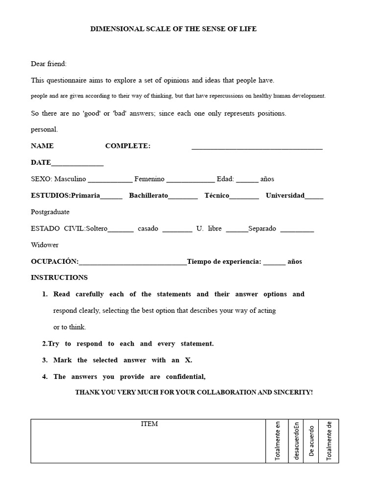 Life Meaning Dimensional Scale Questionnaire | PDF