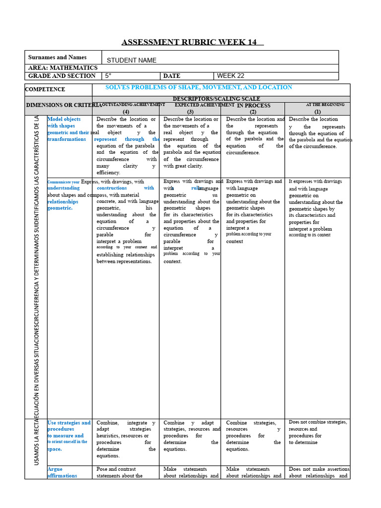 Rubric Week 22 Fifth | PDF | Shape | Equations