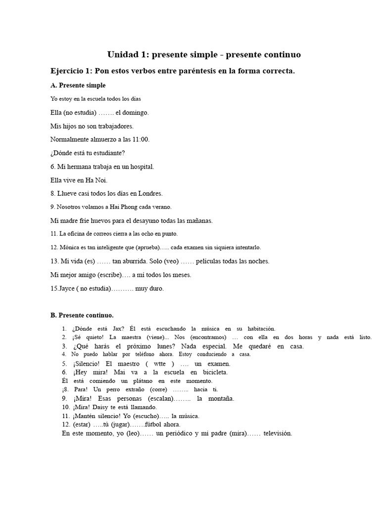 Ejercicios de Presente Simple y Continuo | PDF