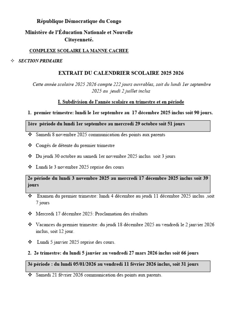 Calendrier Scolaire 2025-2026 RDC | PDF