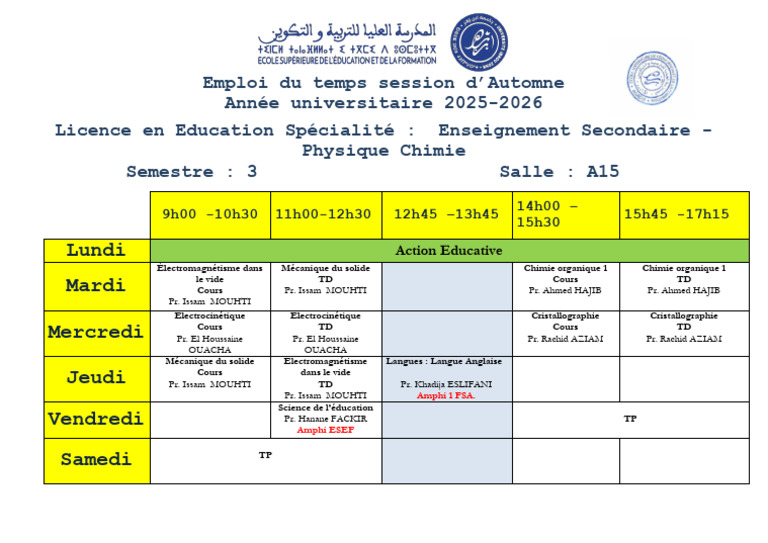 Emploi du temps Licence Physique Chimie 2025 | PDF | Sciences physiques ...
