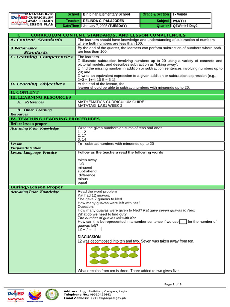 q3w4 DLP Math Day1 | PDF | Subtraction | Learning