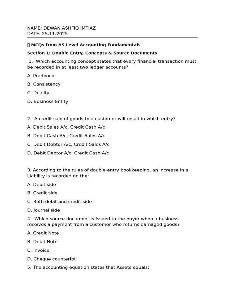 AS Level Accounting MCQs Guide | PDF | Debits And Credits | Financial ...