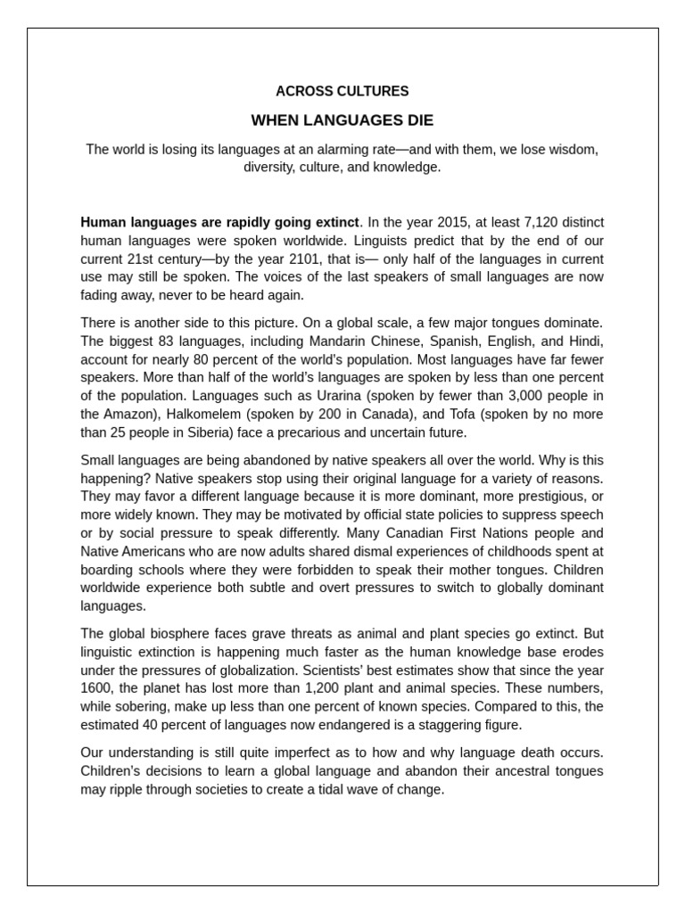 Across Cultures 2. When Languages Die | PDF | Biodiversity | Linguistics
