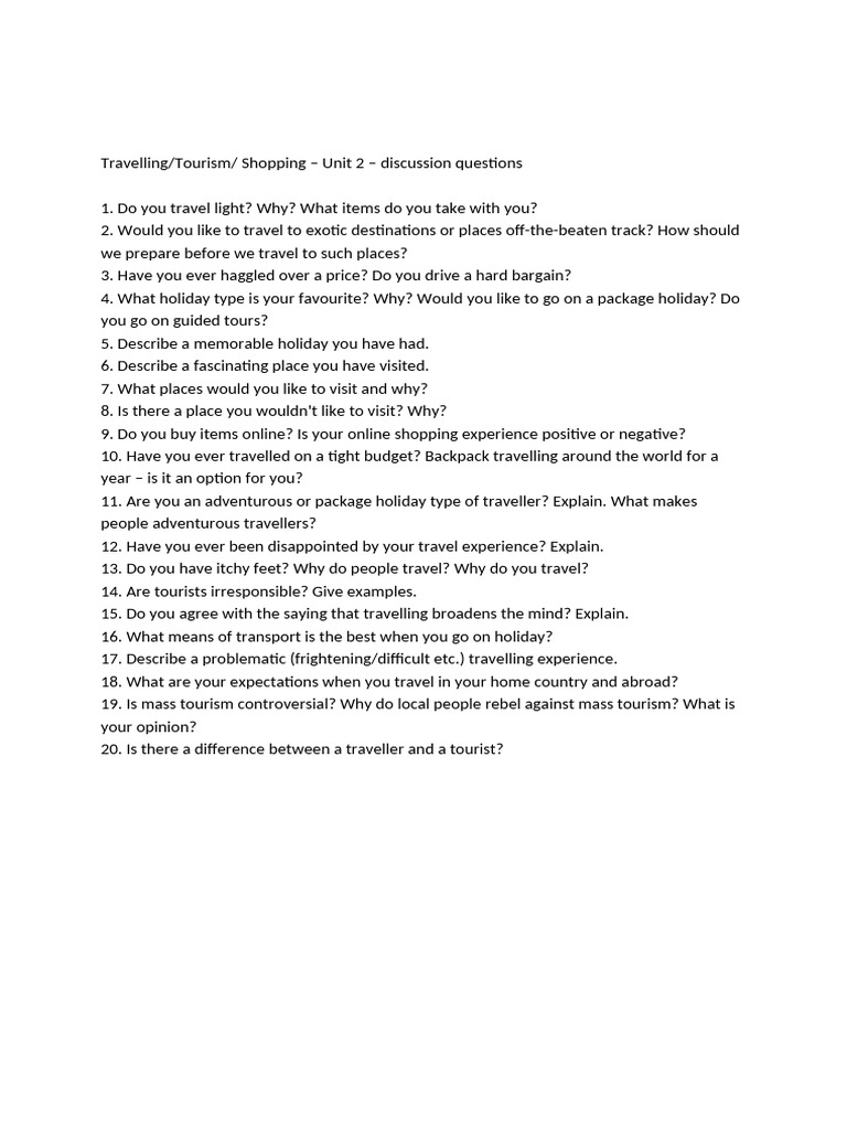 Travel and Tourism Discussion Questions | PDF