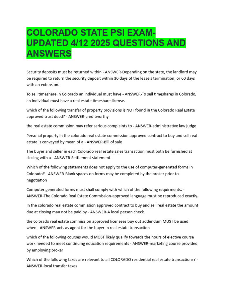 Colorado Real Estate PSI Exam Q&A | PDF | Common Law | Private Law
