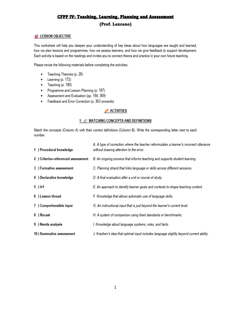 CFPP IV Asyncronous Lesson Teaching Learning Planning and Assessment ...