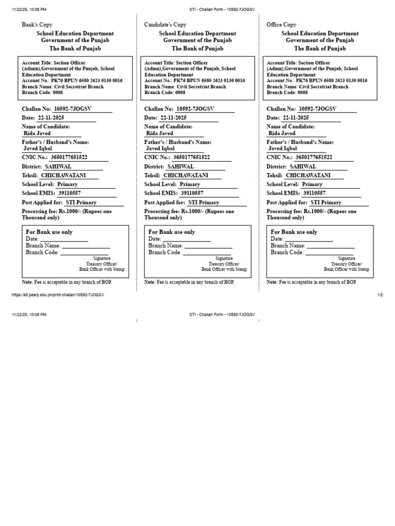 STI Primary Post Challan Form | PDF | Pakistan | Economy Of Asia