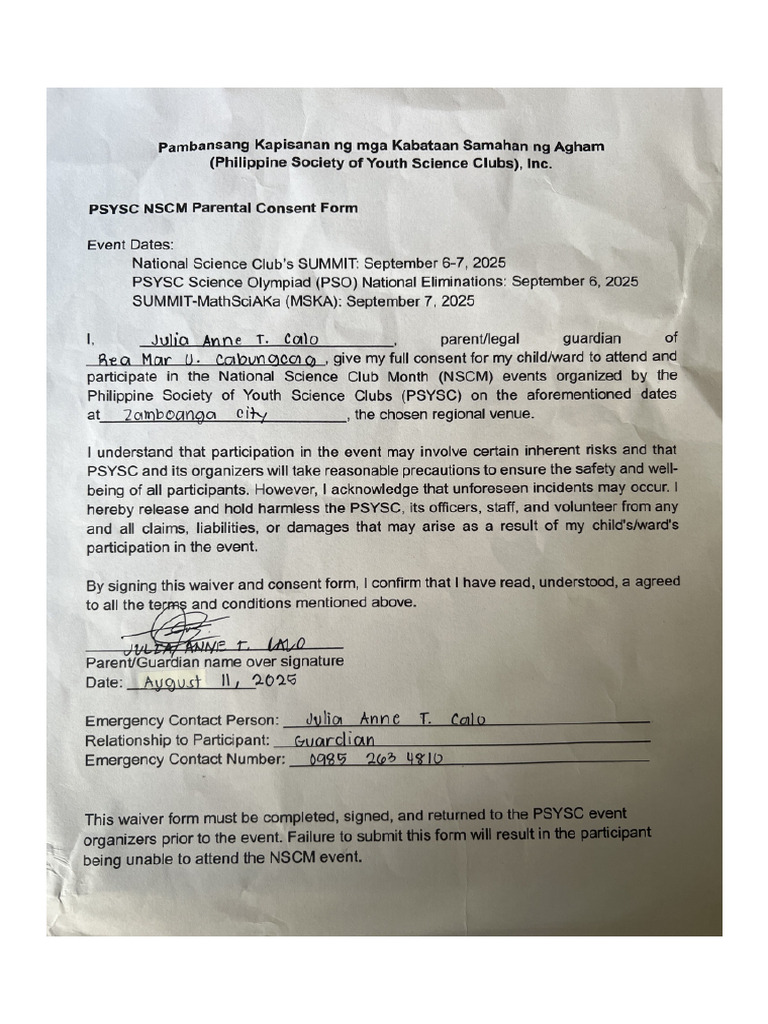 CABUNGCAG Rea Parental Consent | PDF